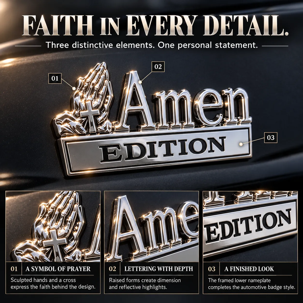 Close-up of the praying hands and cross, raised Amen lettering and framed EDITION nameplate