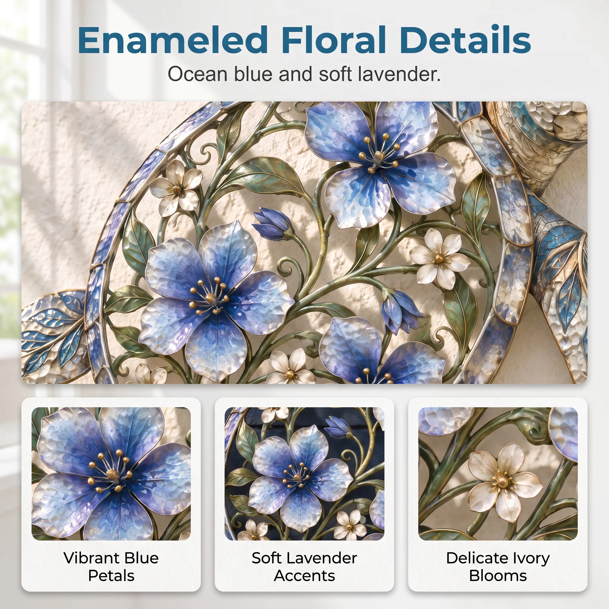Openwork floral shell detail — blue blossoms, ivory flowers, curled vines