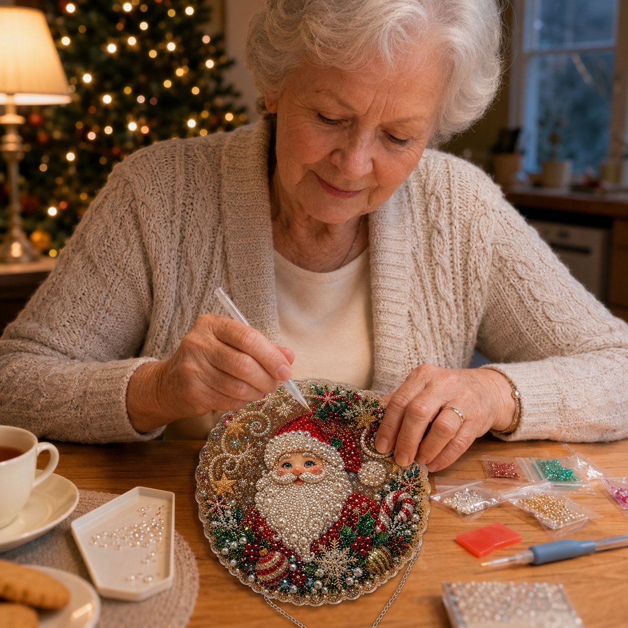 Family crafting together with diamond kit