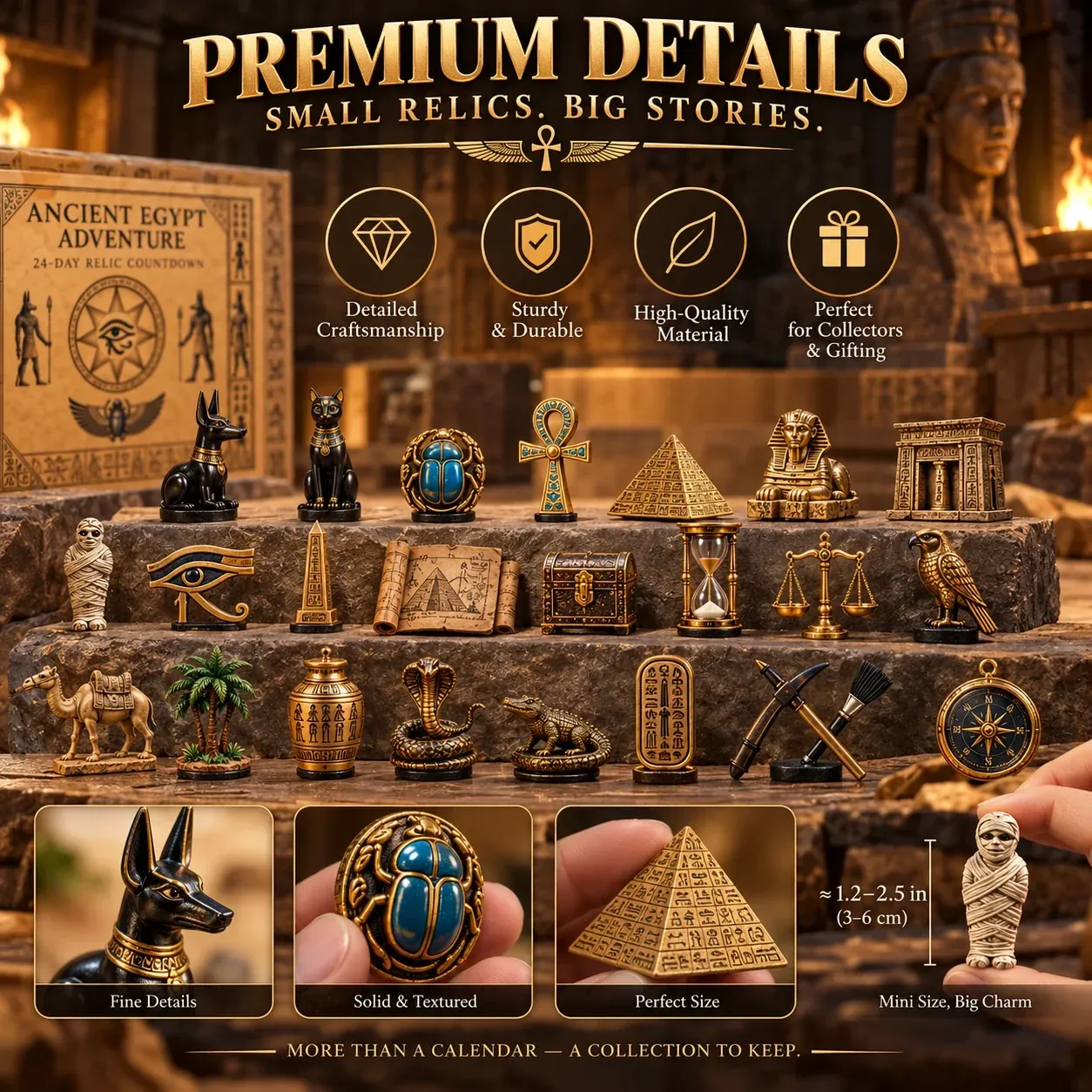 Close-up views of Ancient Egypt inspired mini relic collectibles