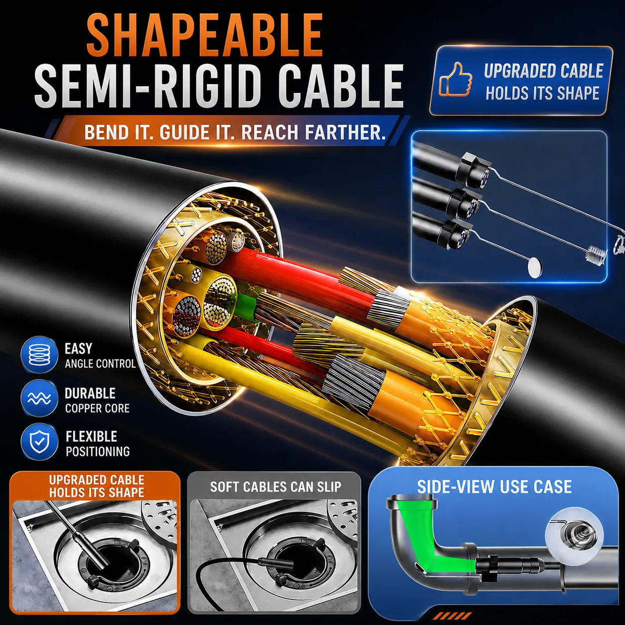 Shapeable semi-rigid inspection cable construction and use