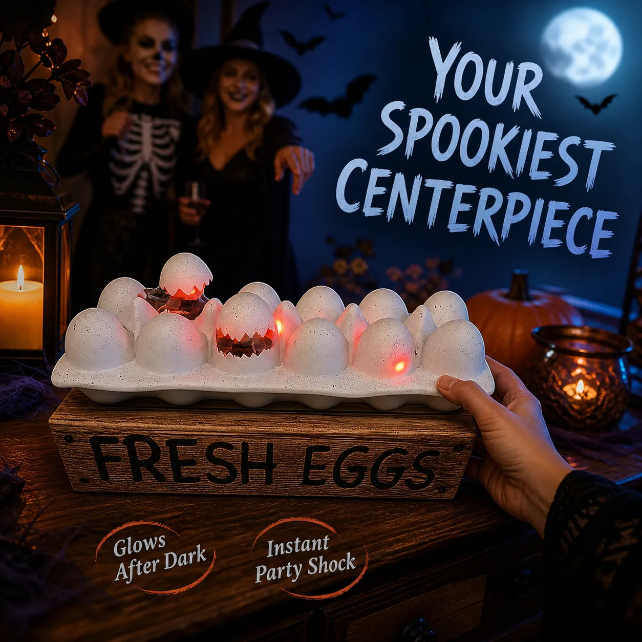 Zombie chick egg display used as a glowing Halloween centerpiece