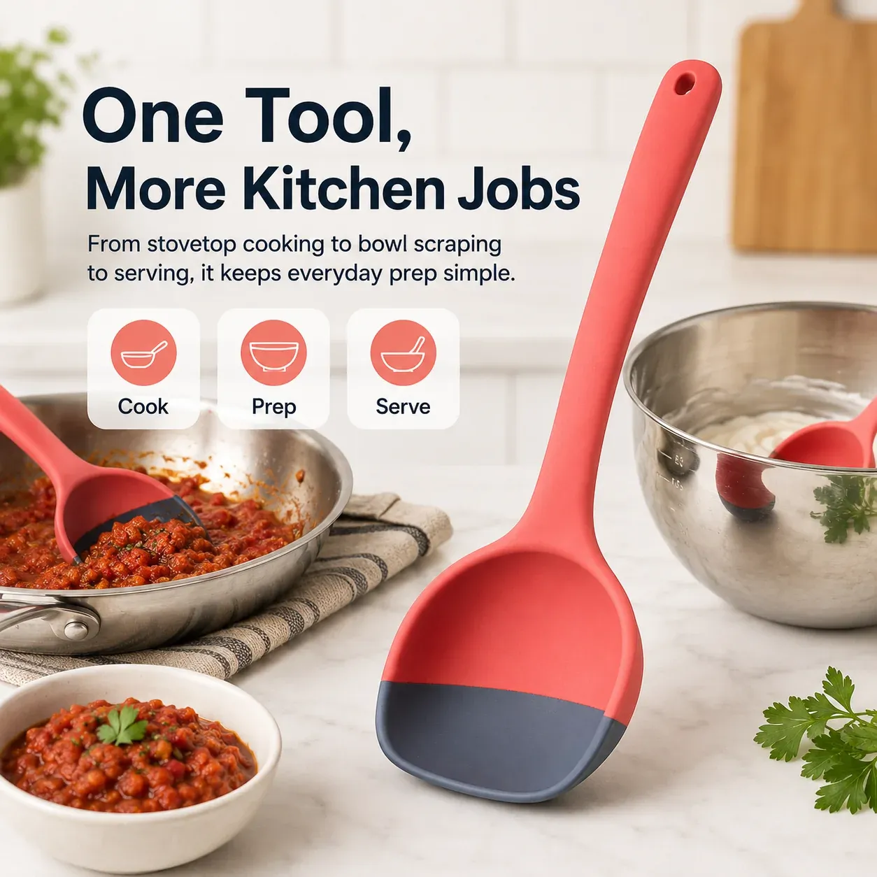 Silicone scoop scraper spoon used for cooking bowl preparation and serving