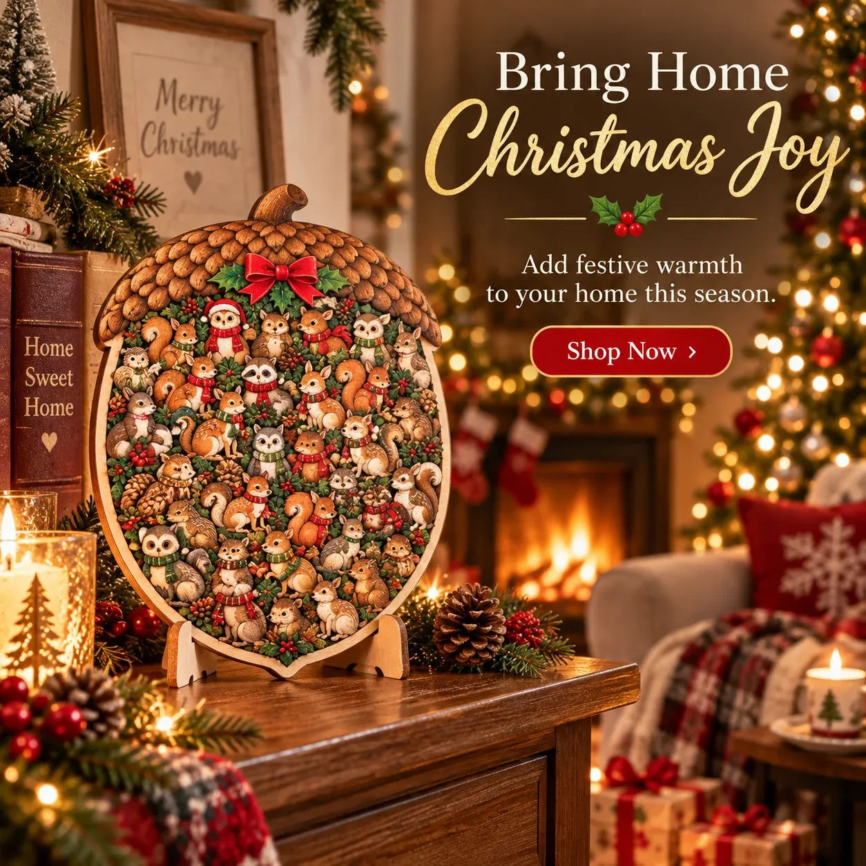Completed Christmas wooden puzzle displayed with holiday decorations