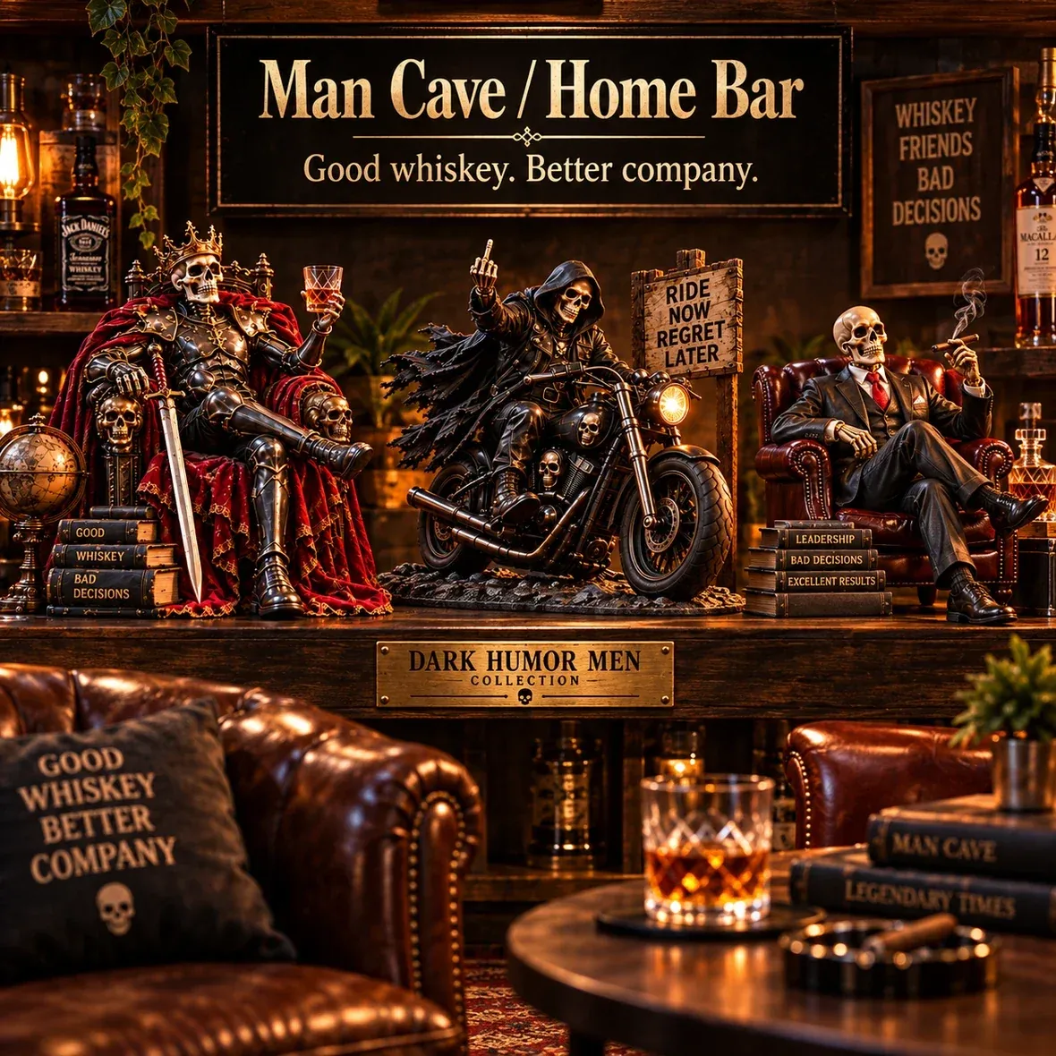 Dark humor skeleton decor displayed in a home bar and man cave