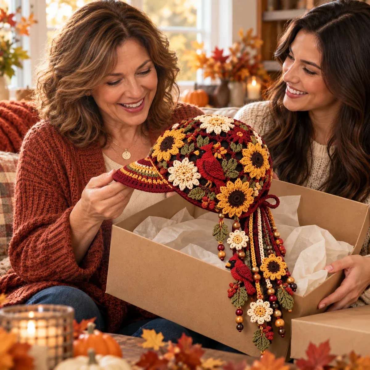 Woman giving an Autumn Bloom Cap as a thoughtful seasonal gift