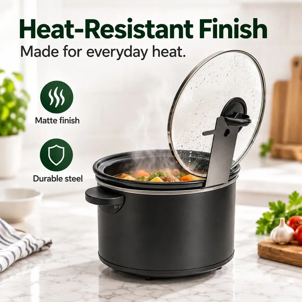 Pot lid stored upright in countertop holder