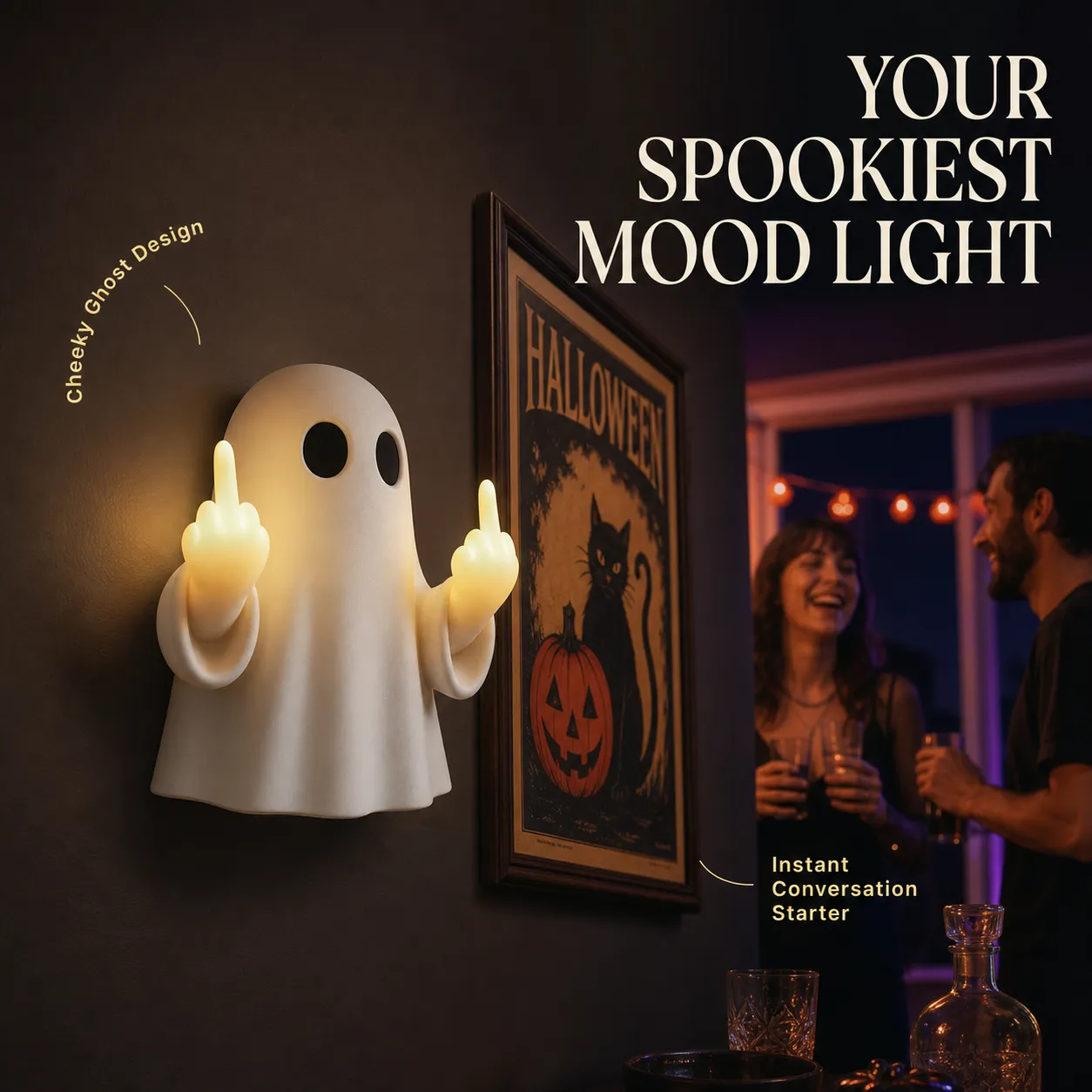 Cheeky ghost wall light at an adults-only Halloween gathering