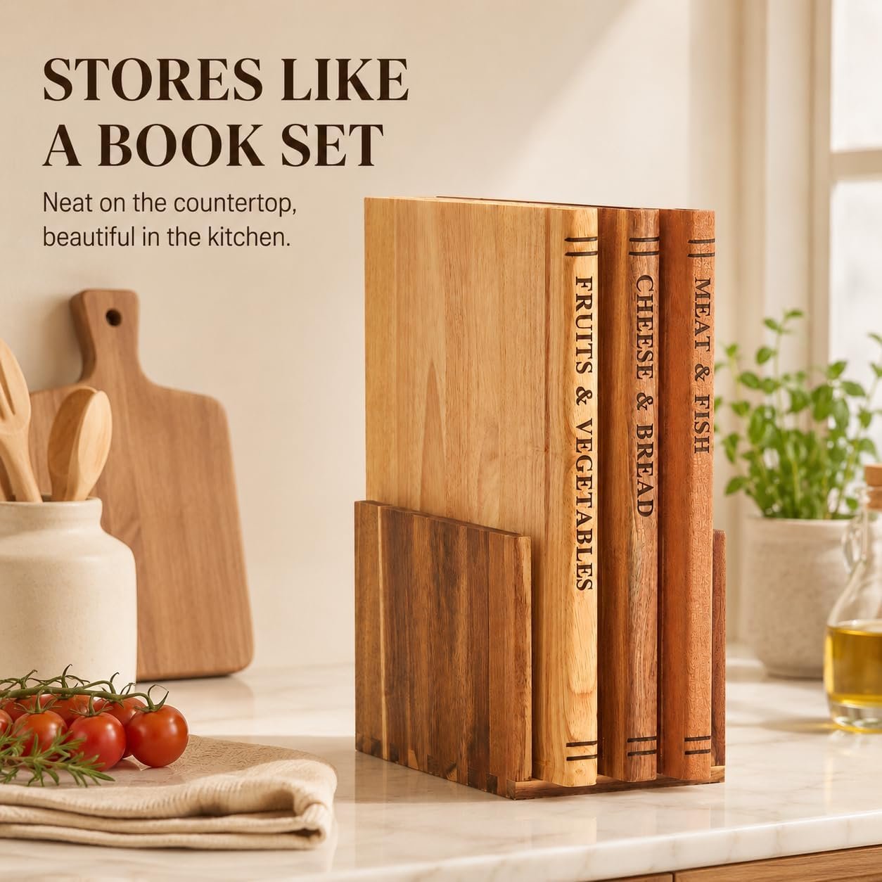 Book-style cutting board set displayed upright in its matching stand