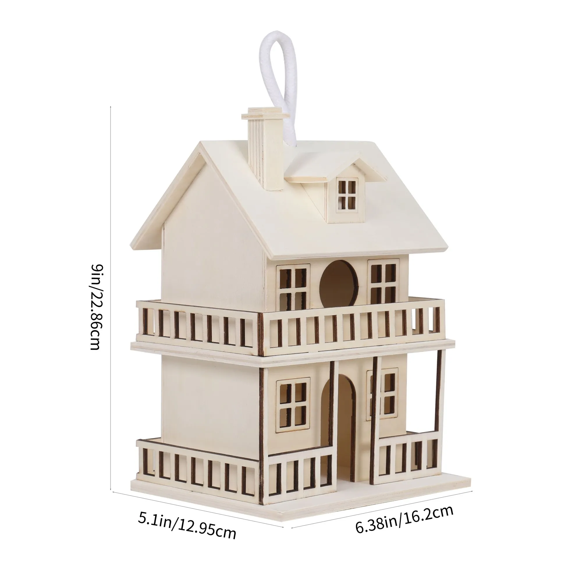Birdhouse dimensions: 9 inches tall, 6.38 inches wide, and 5.1 inches deep