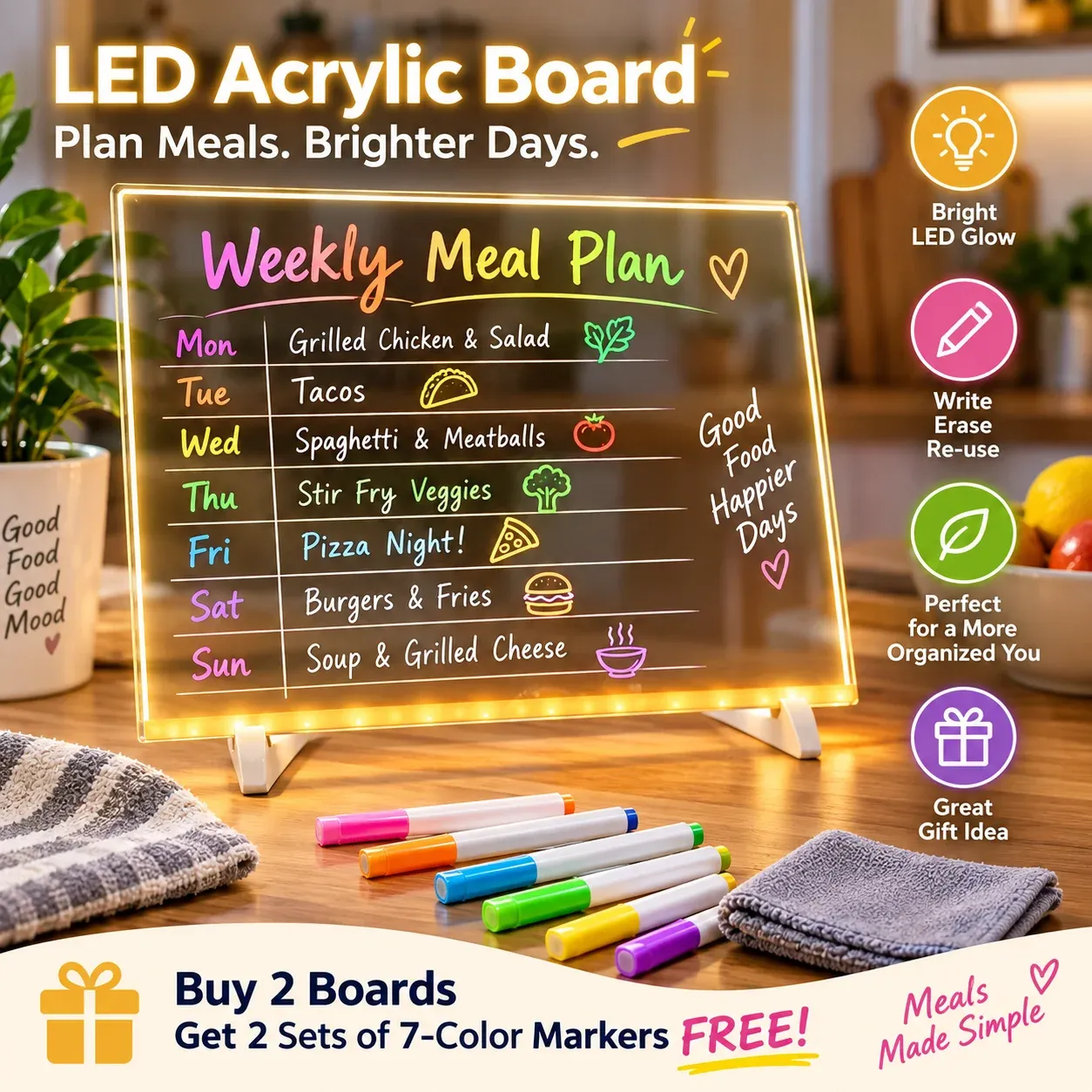 Weekly meal planner on LED acrylic board