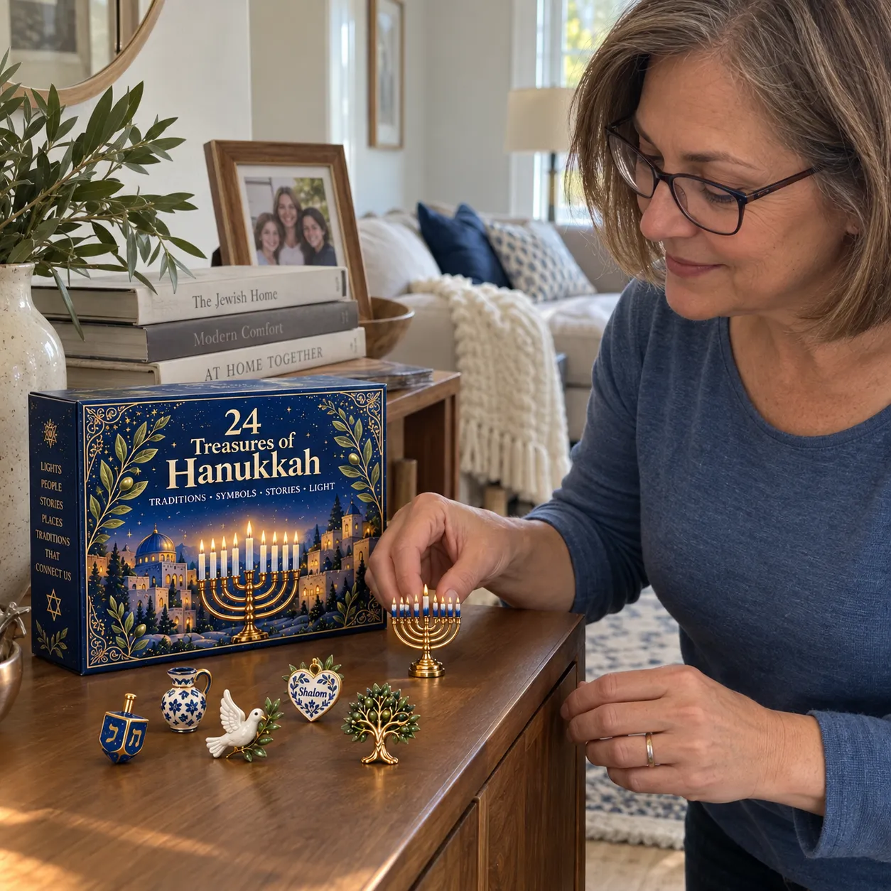 Hanukkah keepsakes arranged as a little collection at home