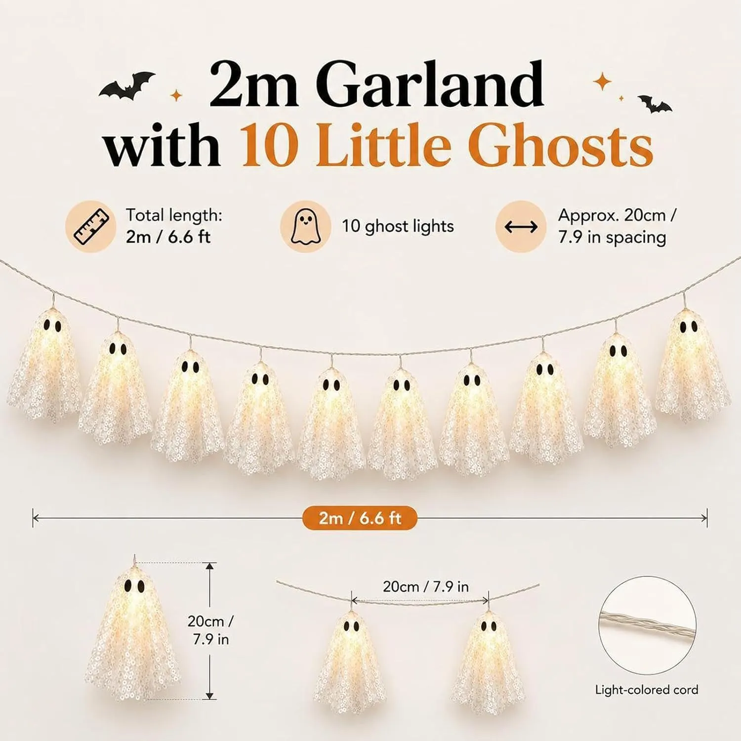 Six point six foot lace ghost garland with ten ghosts and approximate spacing