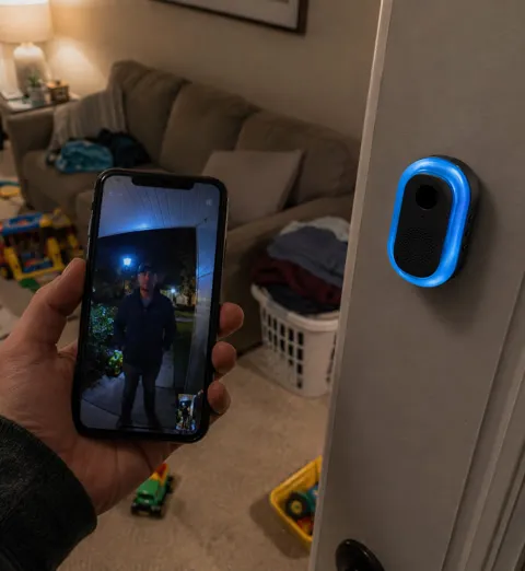 Parent checking a front-door live view from a family room