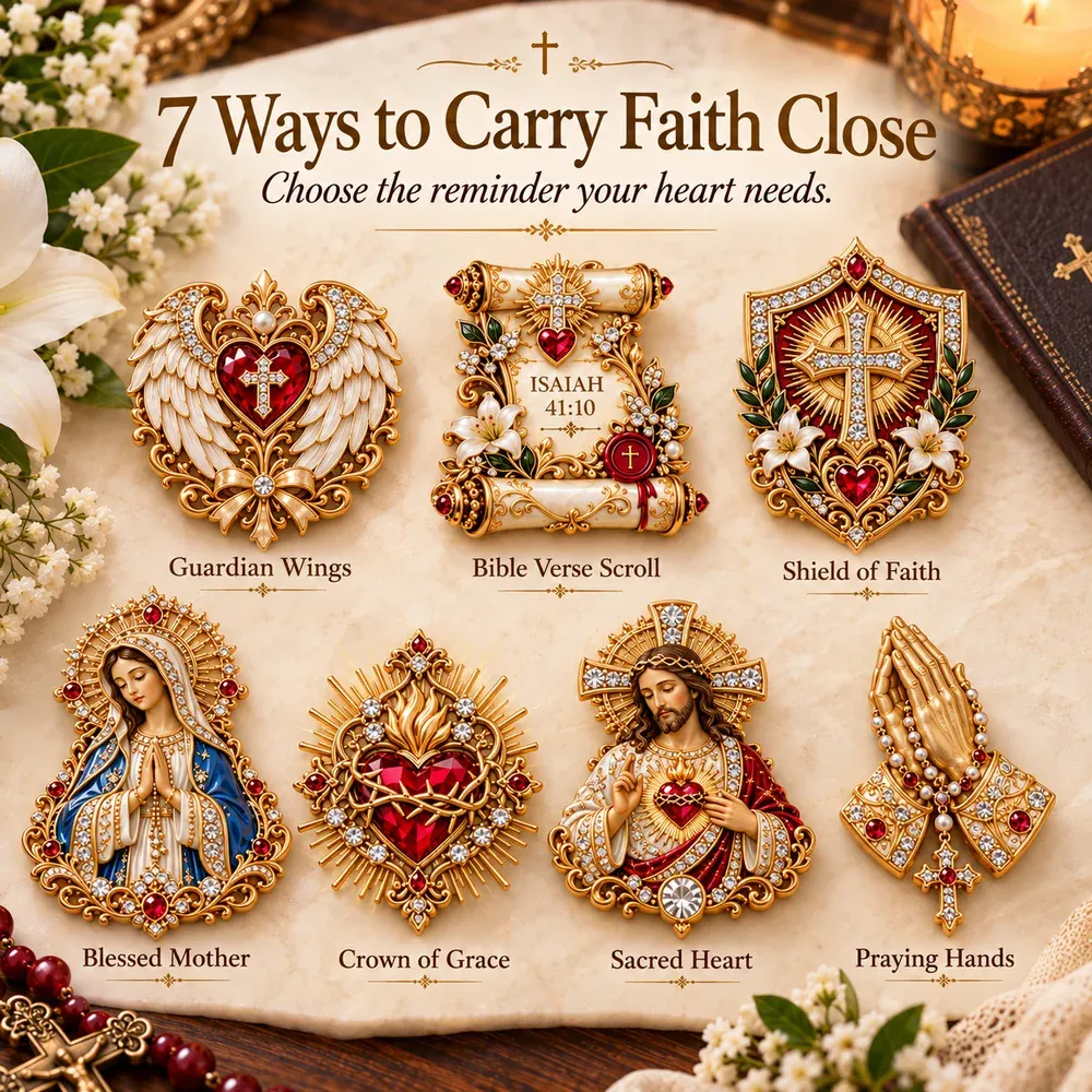All seven Carry the Faith Pocket Hug designs