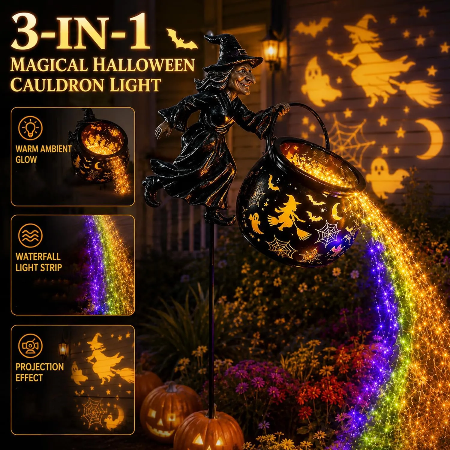 Three-in-one witch cauldron light with glowing pot and waterfall strands