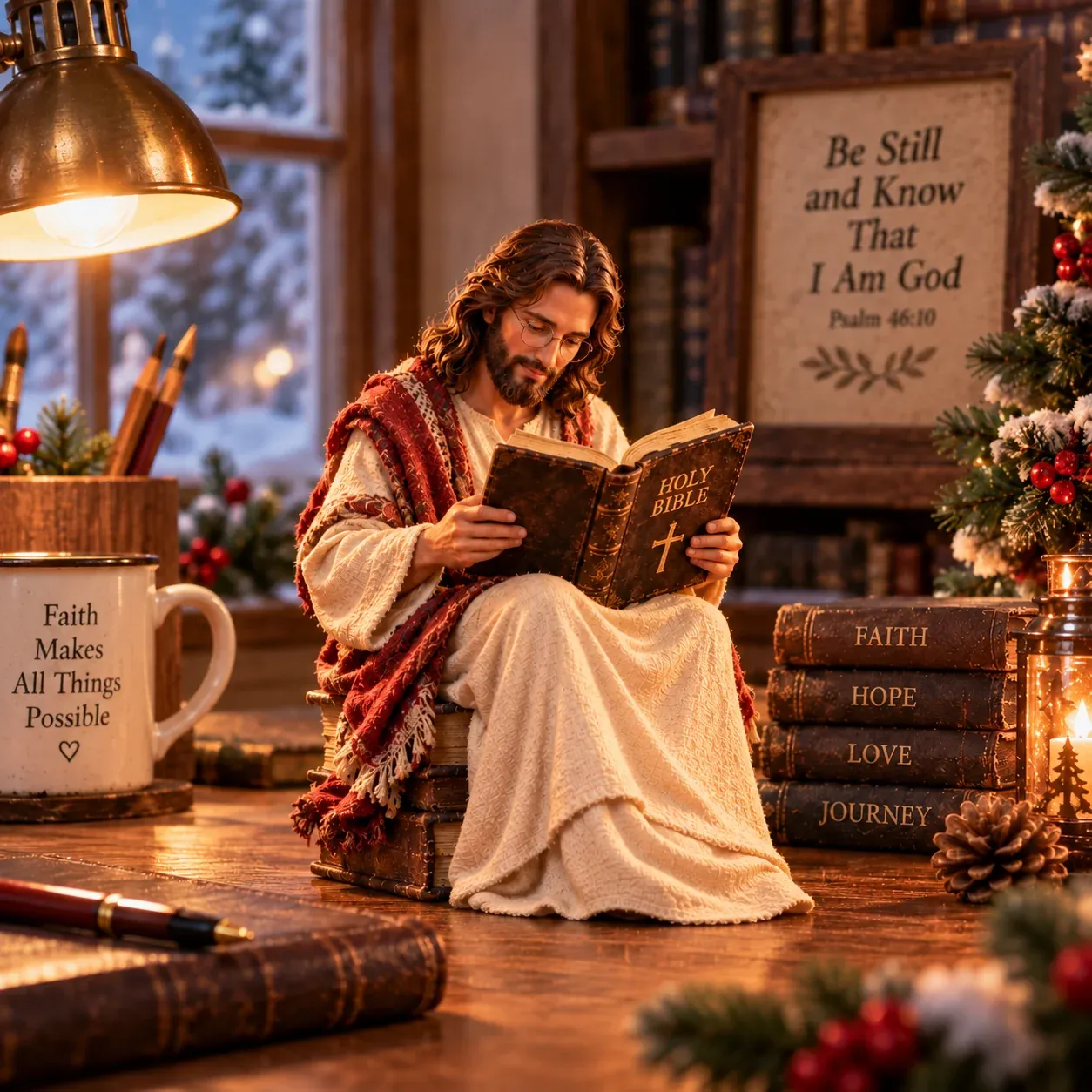 Jesus reading Holy Bible figurine