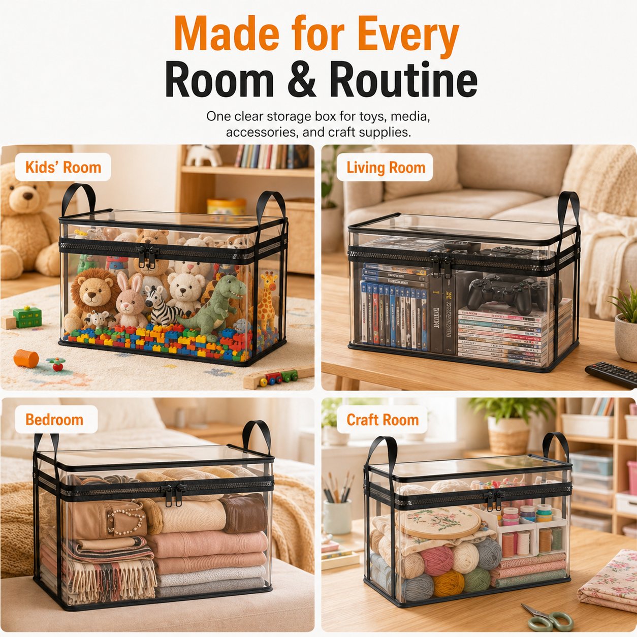 Versatile clear storage bins for every room