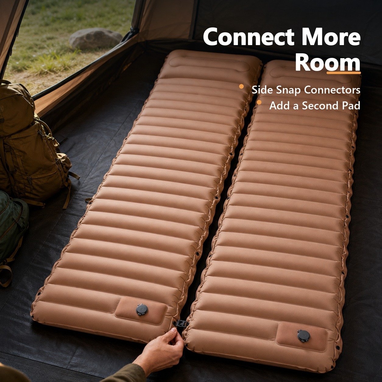 Two compatible camping mattresses connected side by side