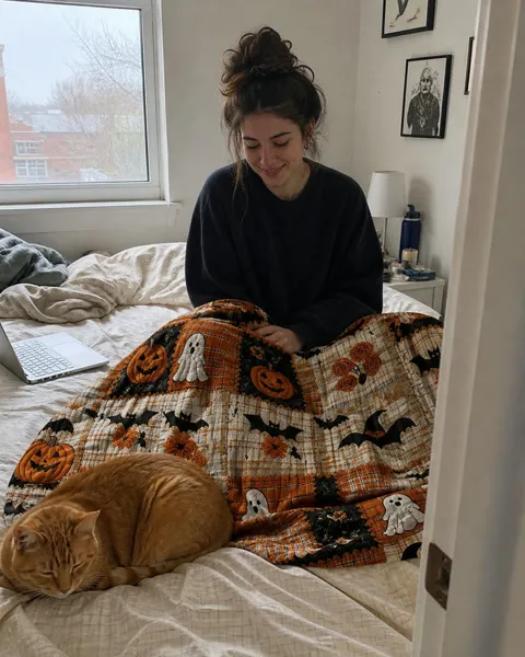 Woman and cat relaxing with the Halloween throw on a bed