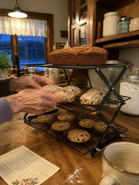 Older baker placing glazed scones on a three-tier cooling rack in a warm farmhouse kitchen
