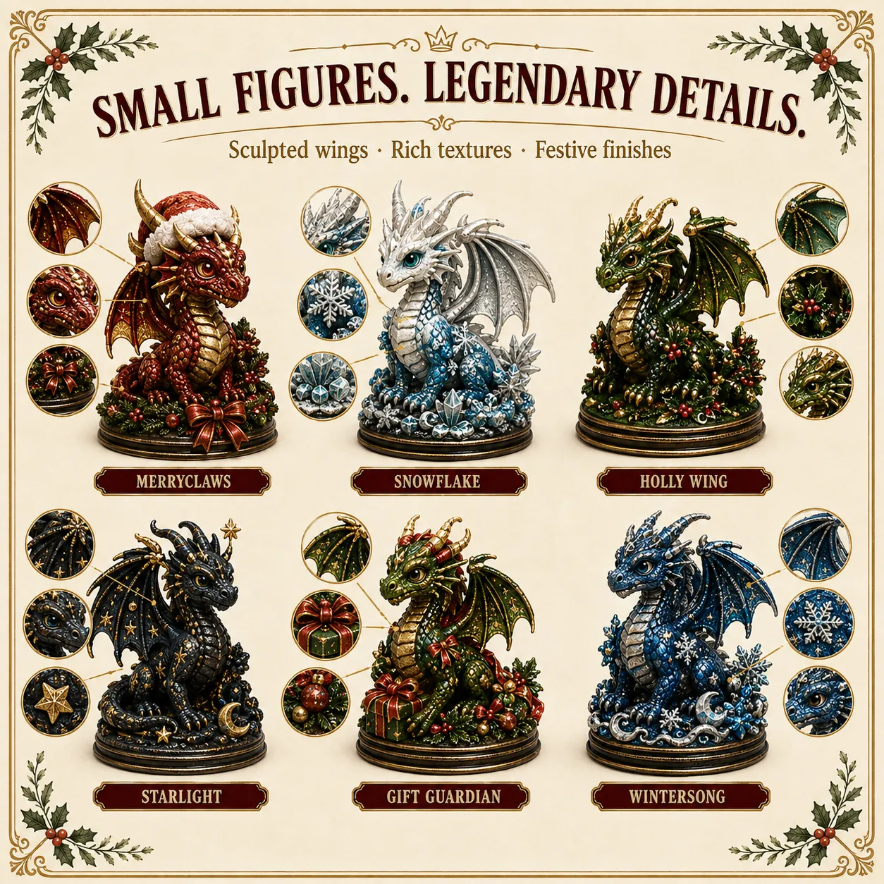 Close-up details of six collectible Christmas dragons