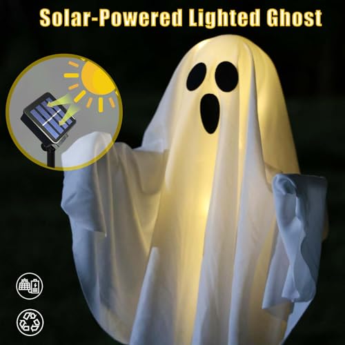 Close view of a warm-white solar ghost light and solar panel