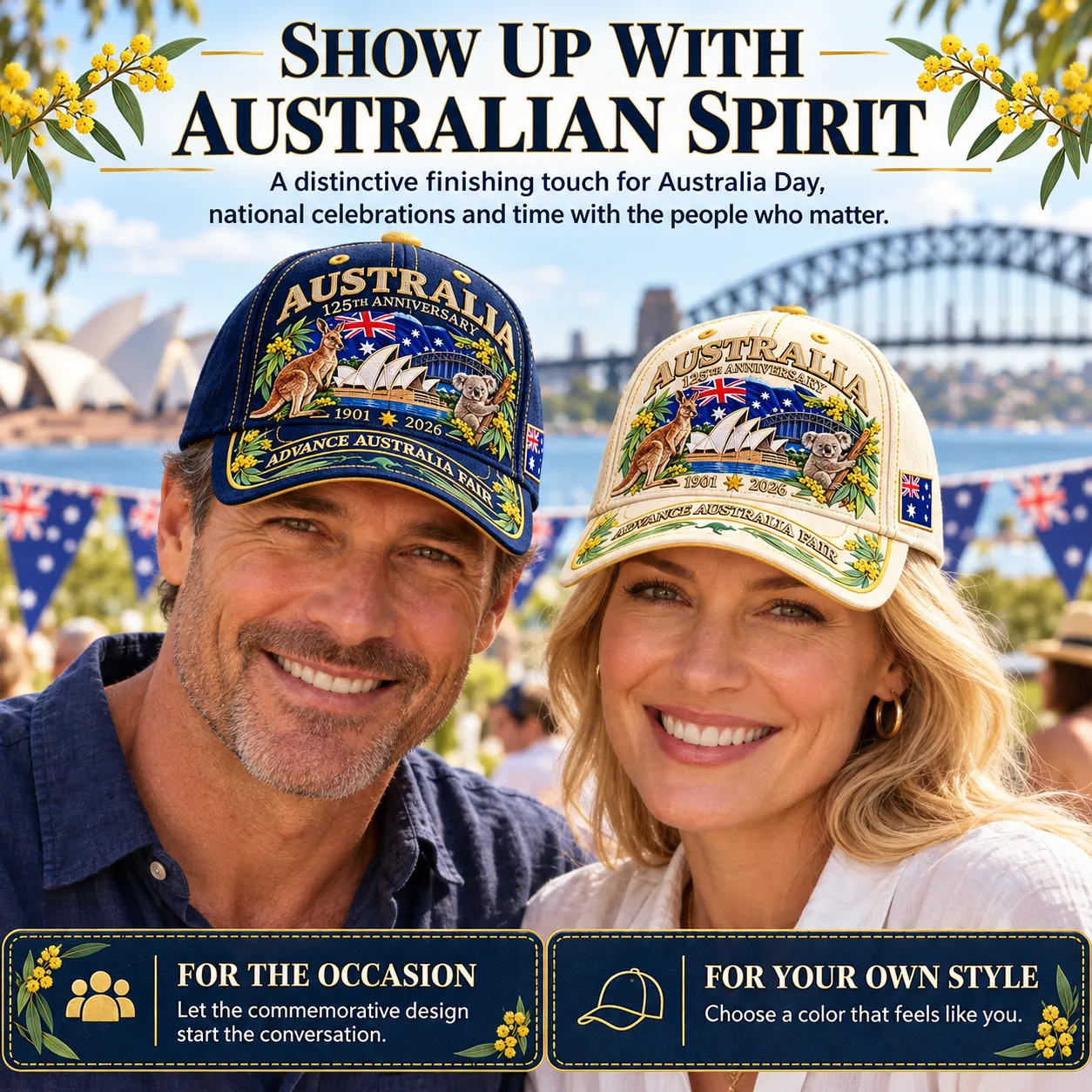 Adults wearing navy and cream commemorative caps at a Sydney harbor celebration