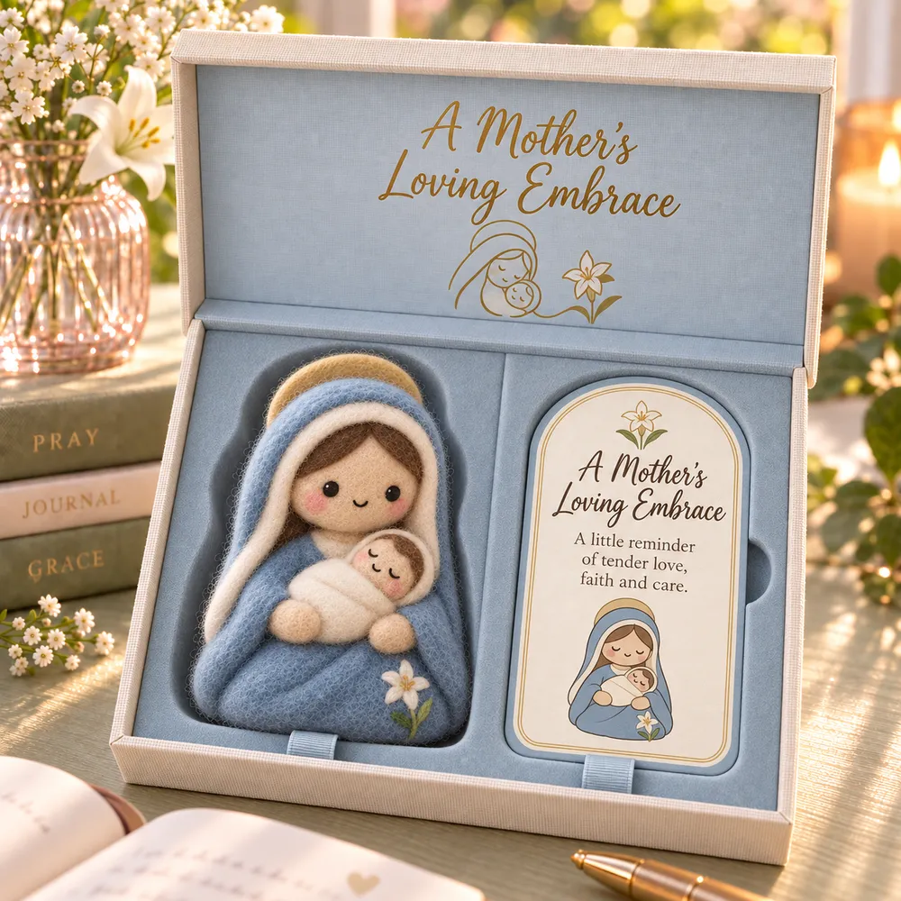 Mary holding baby Jesus with a lily detail and an arch-shaped message card in a blue-lined box