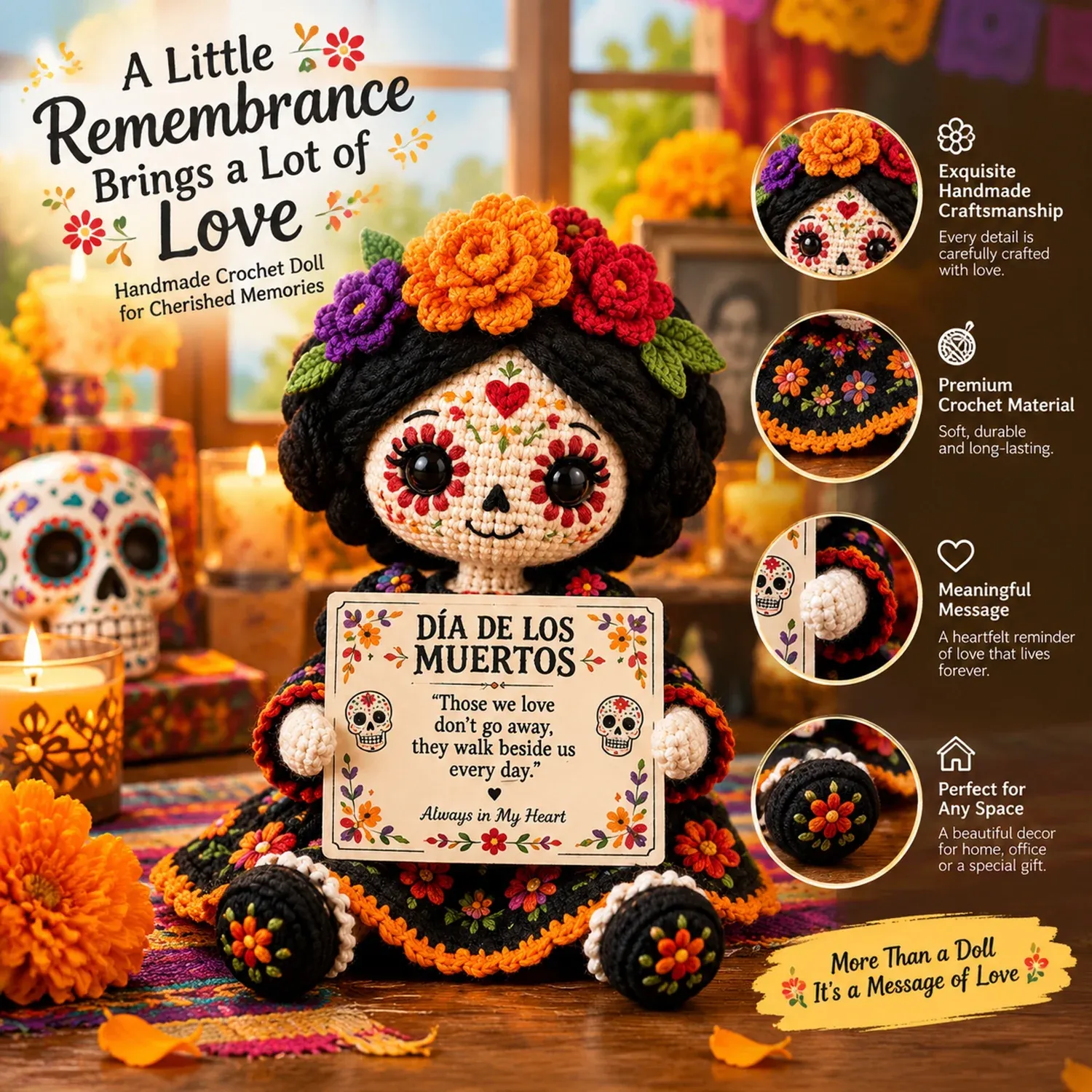 Handcrafted DĂa de los Muertos Catrina crochet doll
