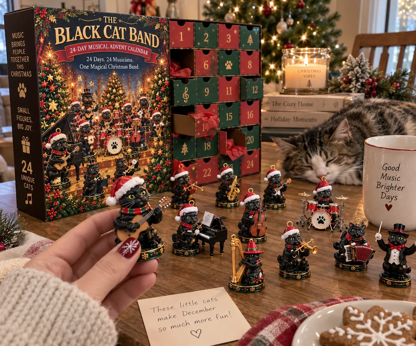 Buyer holding Black Cat Band figures beside the Advent Calendar