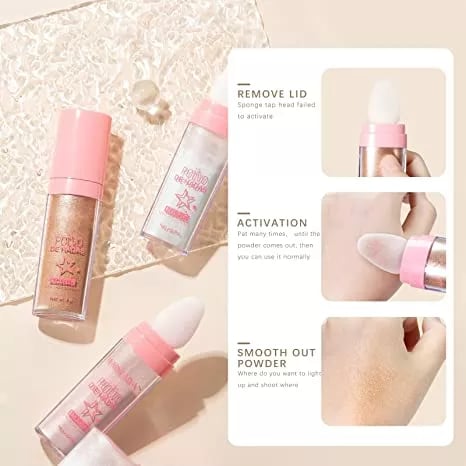 Drei Farben des Highlighter-Stifts (Weiß, Pink, Bronze) und die Anwendung auf Gesicht und Schlüsselbein