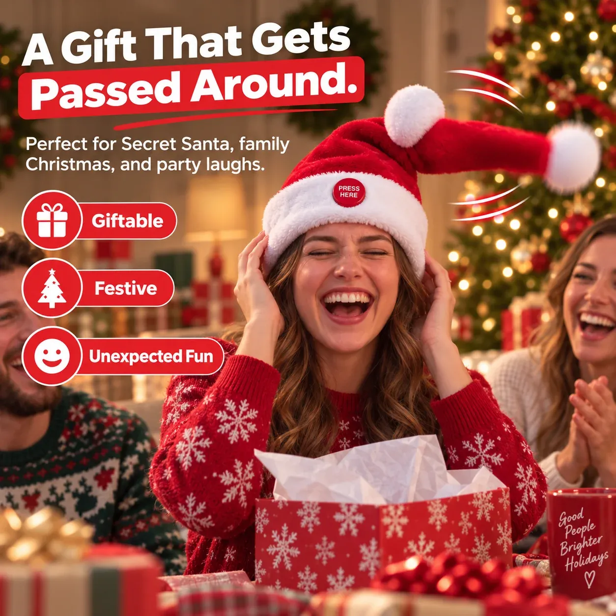 Woman receiving animated Santa hat as Christmas gift