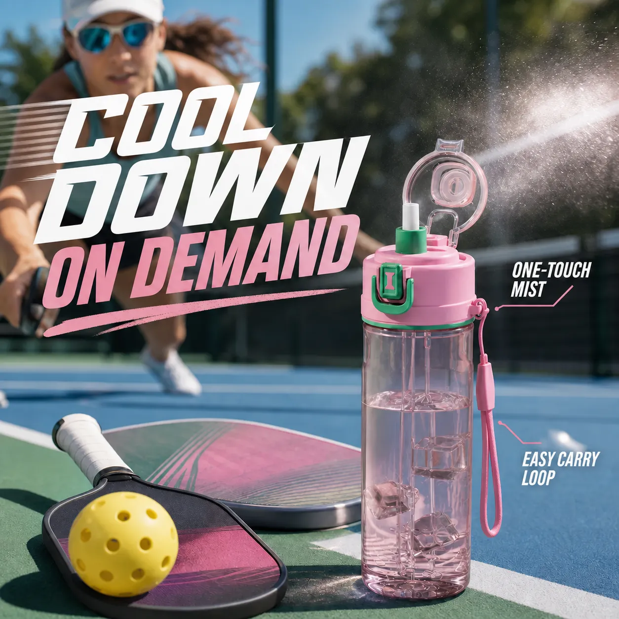 Blush pink misting bottle beside pickleball gear