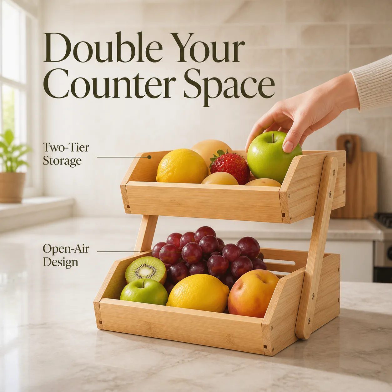 Two-tier bamboo organizer creating extra countertop storage