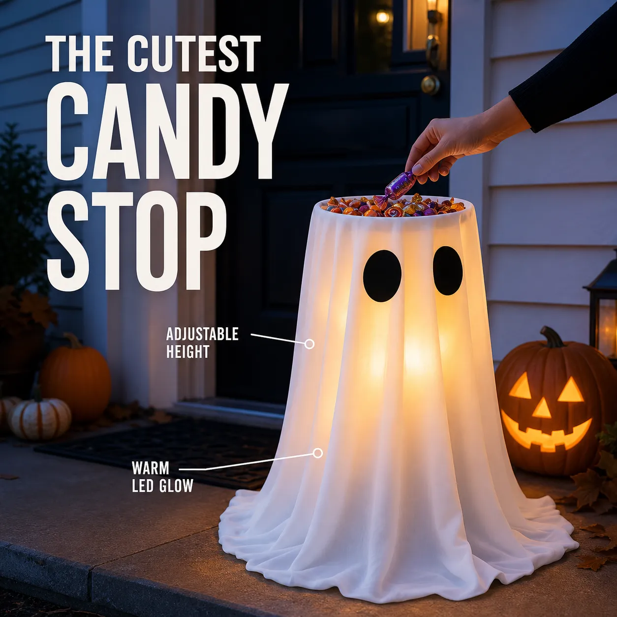 Light-up ghost candy bowl on an American porch with integrated benefit text