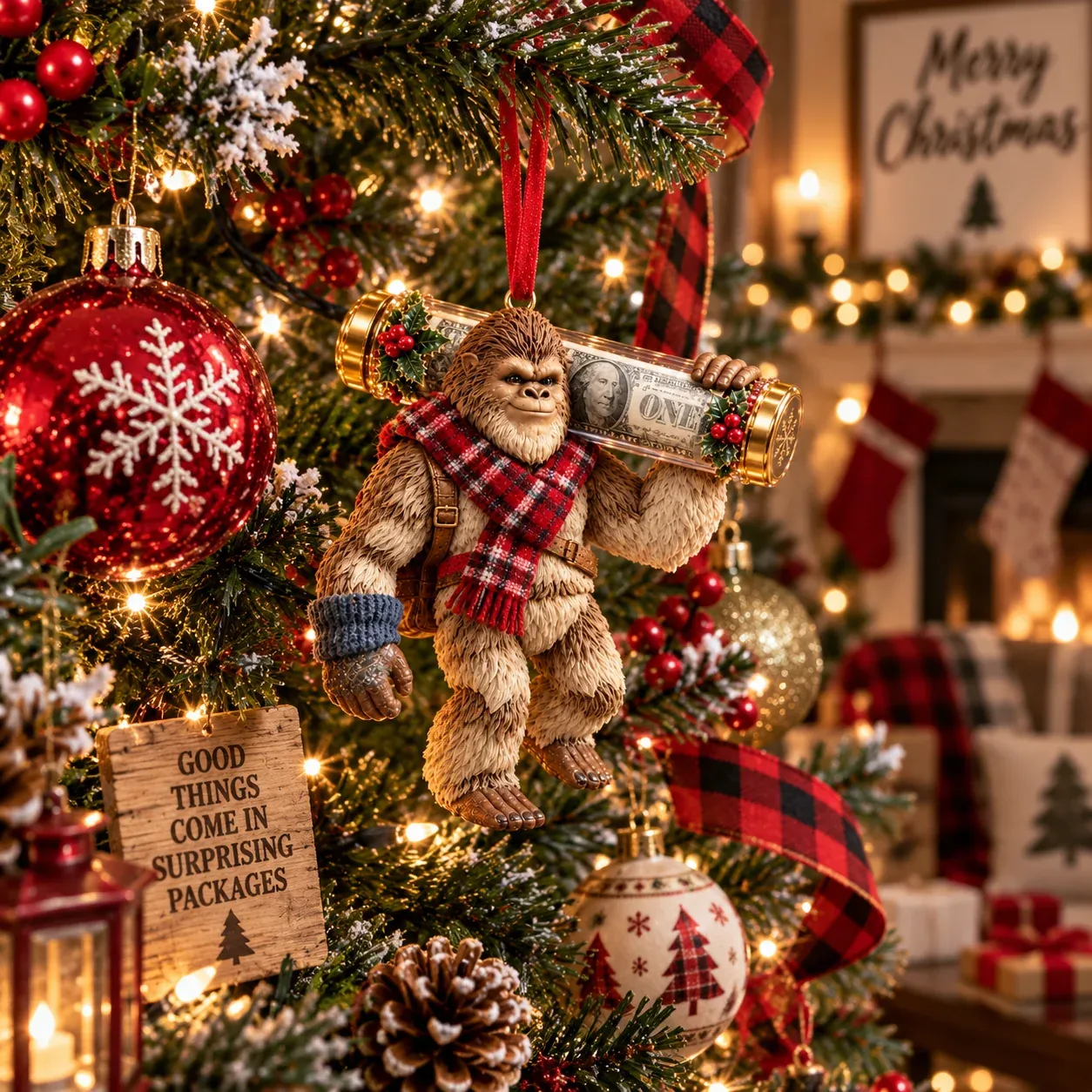 Bigfoot Cash Keeper ornament shown by hand on a Christmas tree
