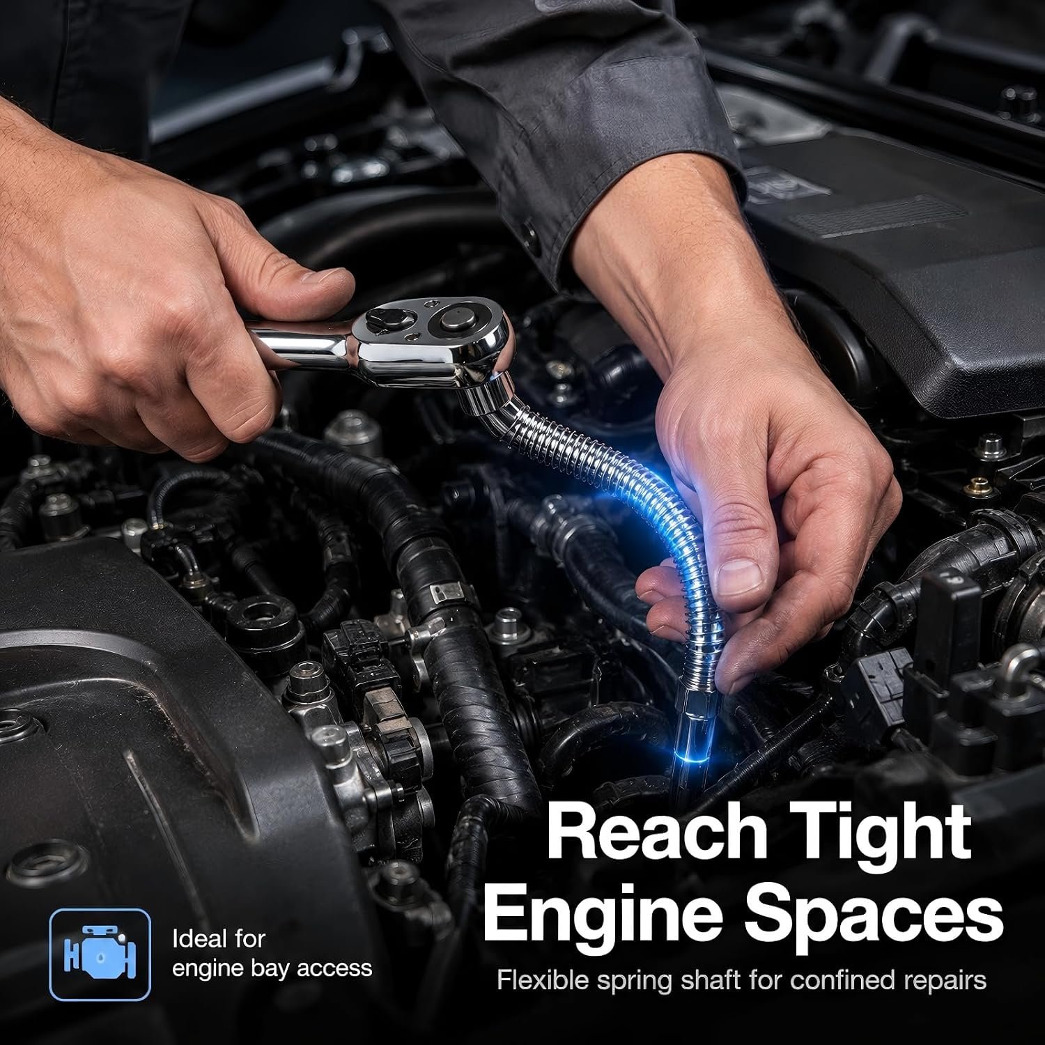 Flexible spring shaft reaching a confined engine fastener