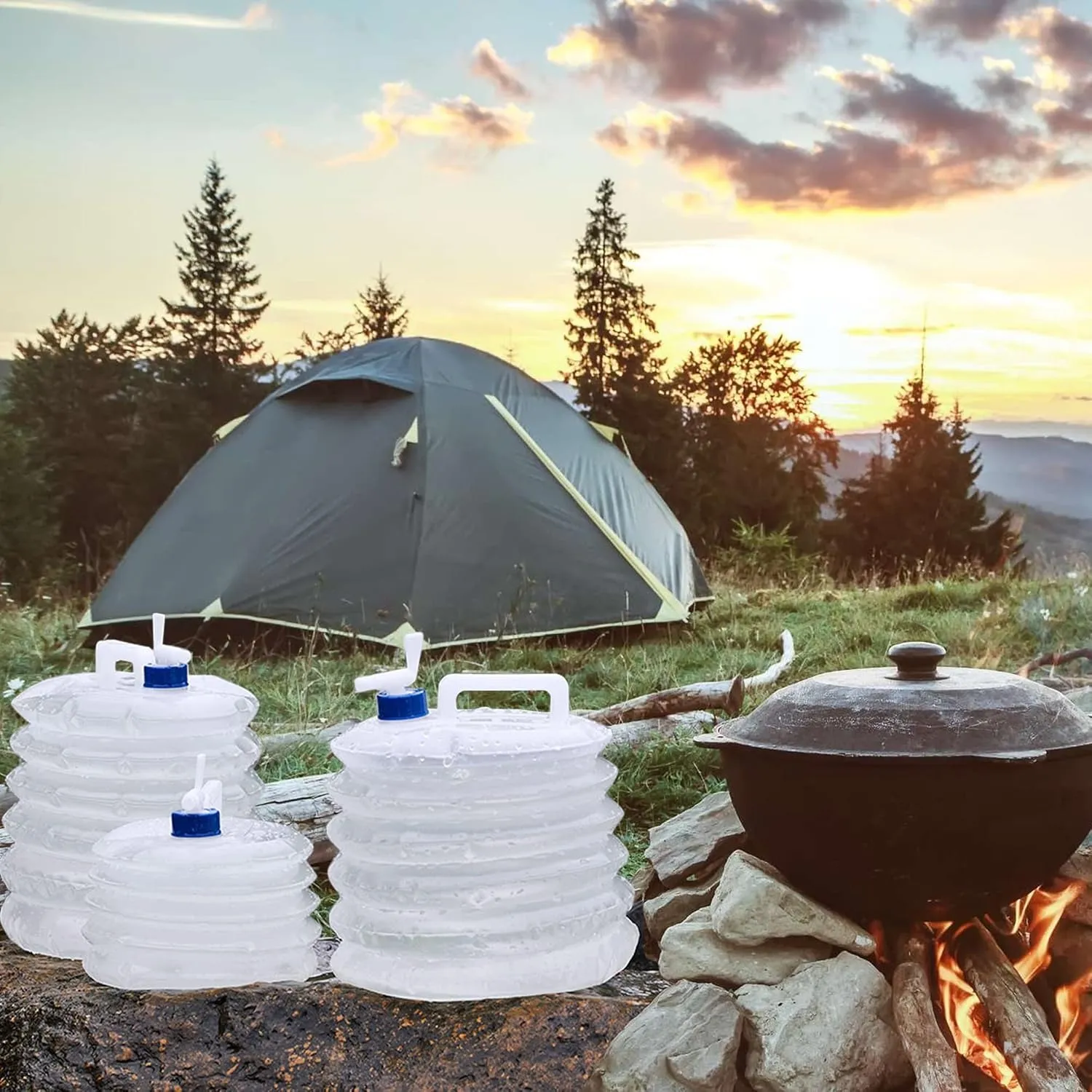 Three collapsible water containers at a campsite