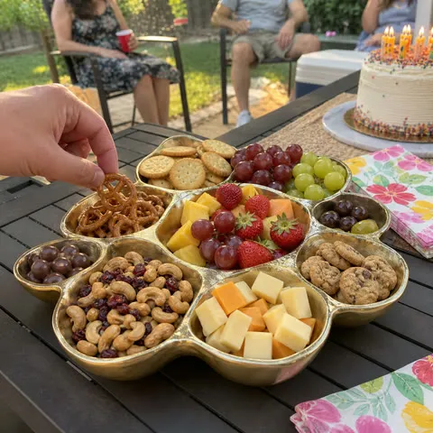 Connected serving centerpiece at a backyard birthday party