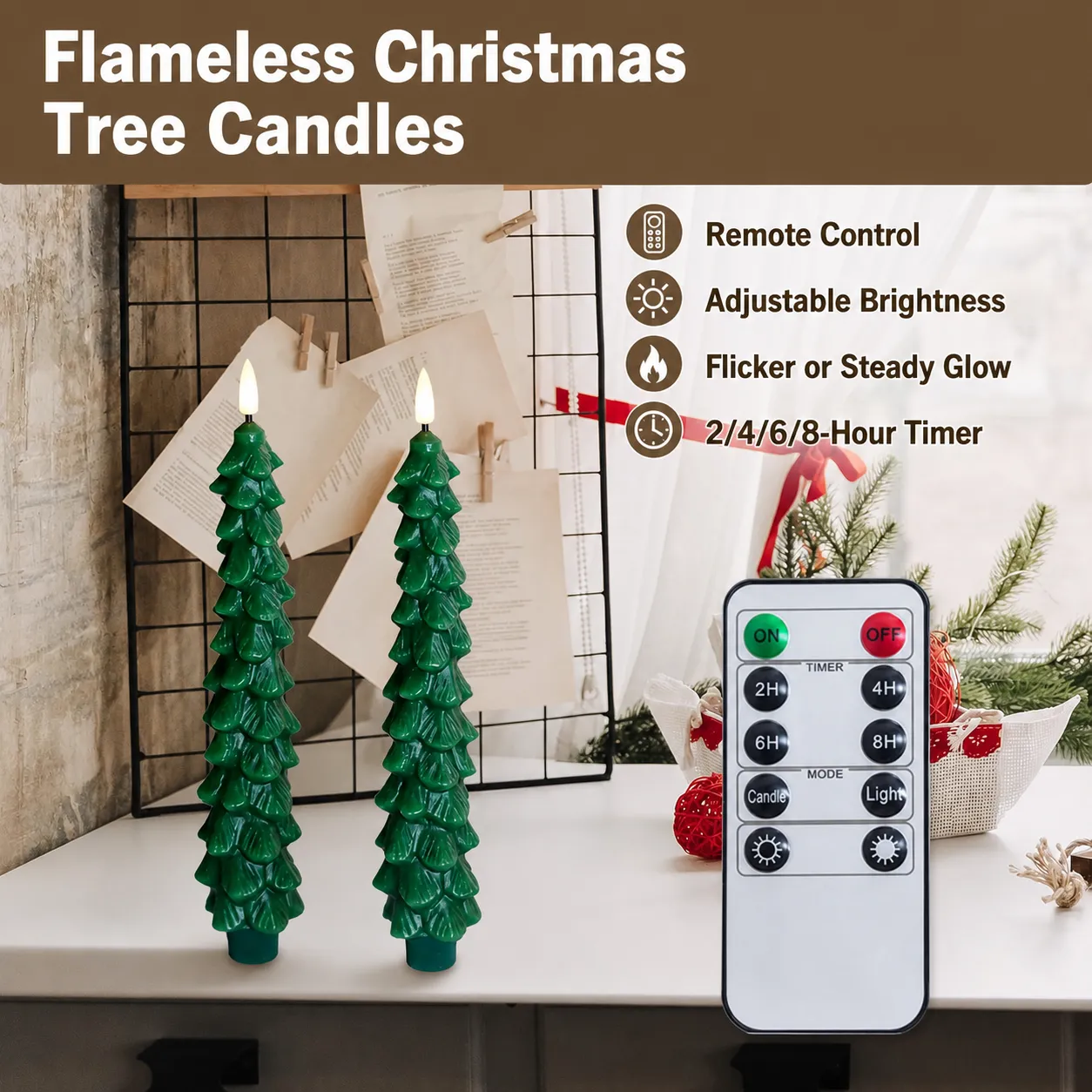 Remote control features for the two Christmas tree candles