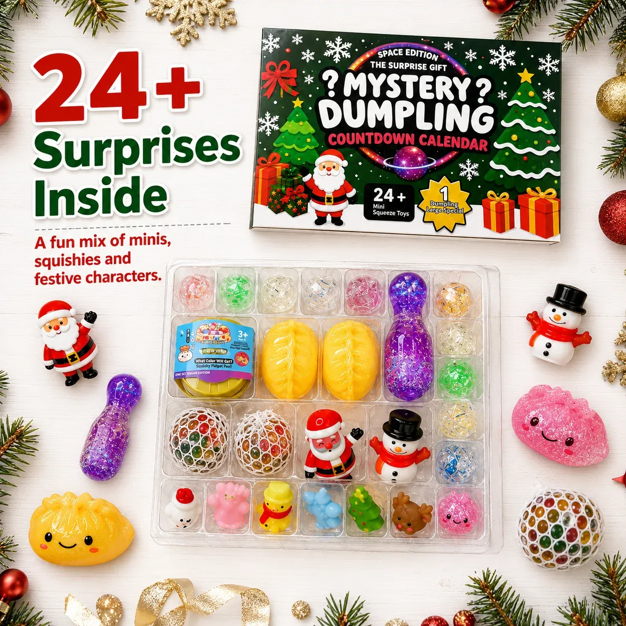 Mystery Dumpling countdown calendar displaying more than 24 mini squeeze toy surprises