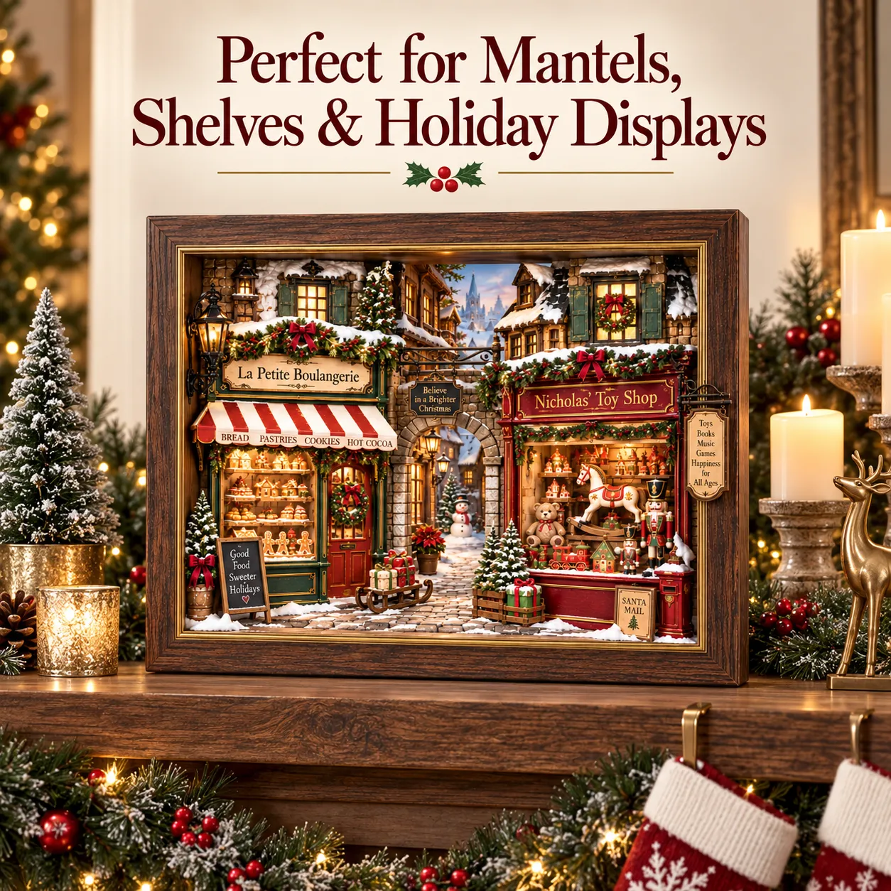 Old World Christmas shadow box displayed in cozy living room