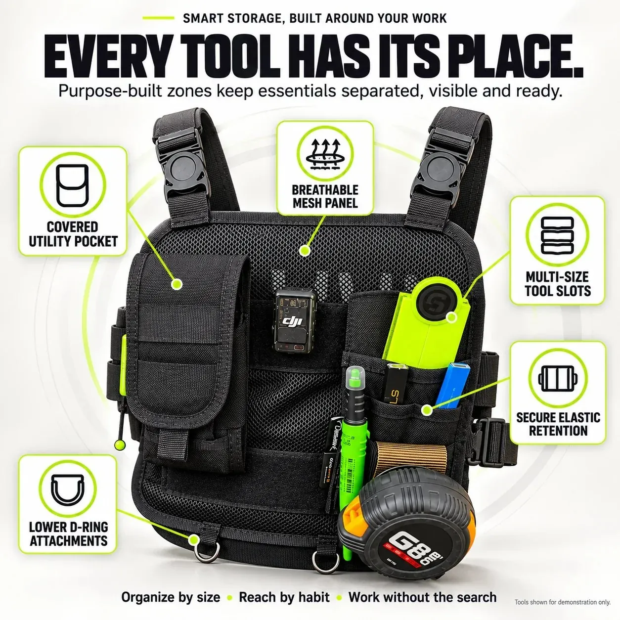 Annotated front view showing the covered pocket, breathable mesh, open slots, elastic retention and lower D-rings