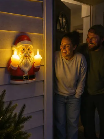 Customer-style photo of the glowing Santa light at night