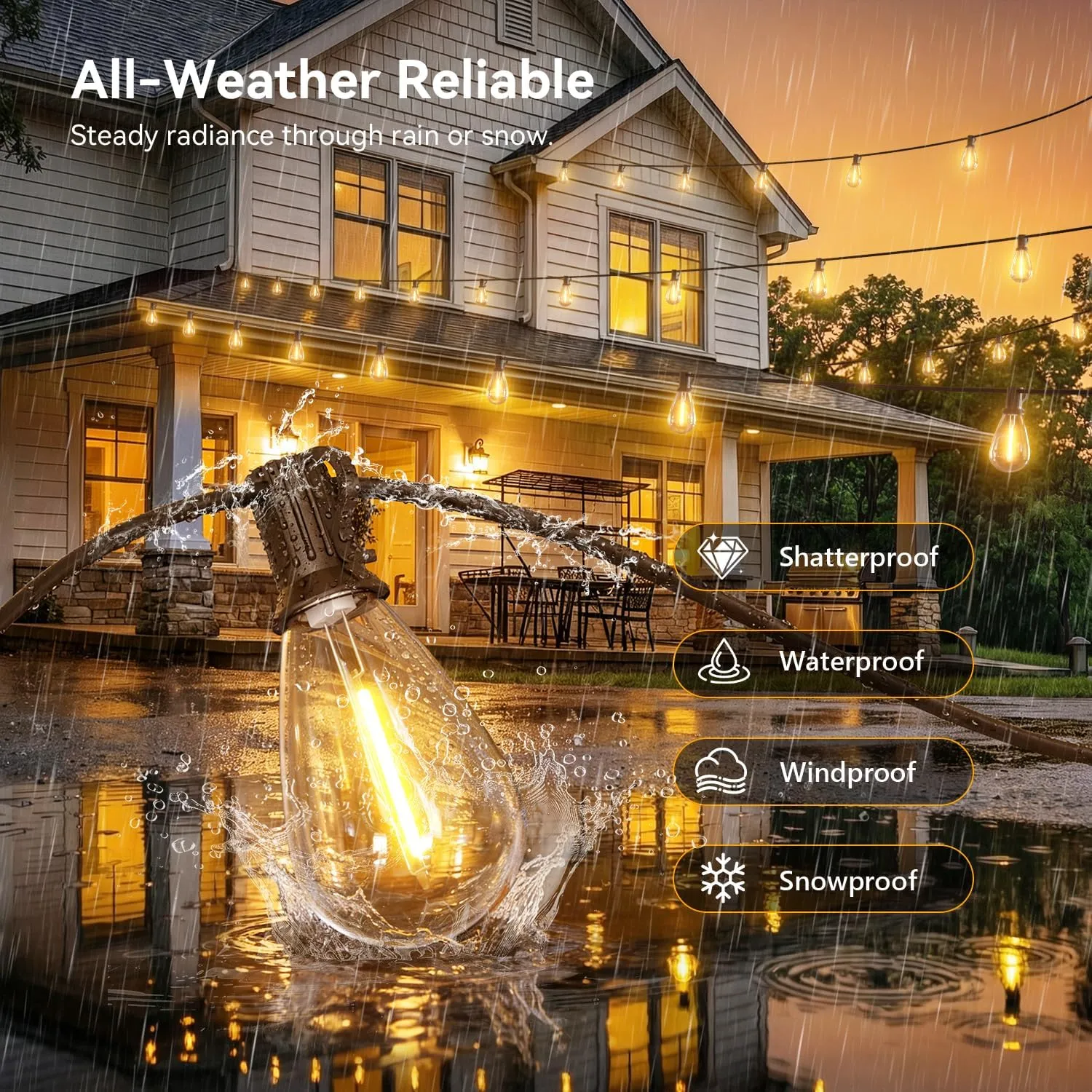 Warm patio lights glowing in rain
