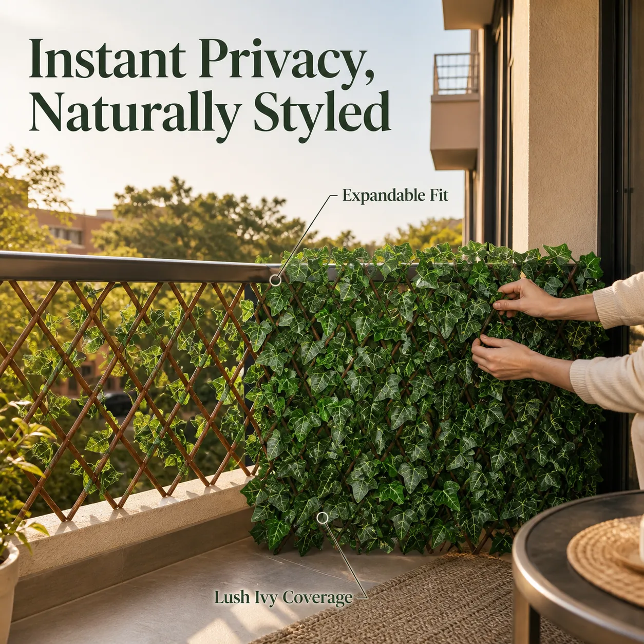 Expandable ivy fence creating a private balcony corner