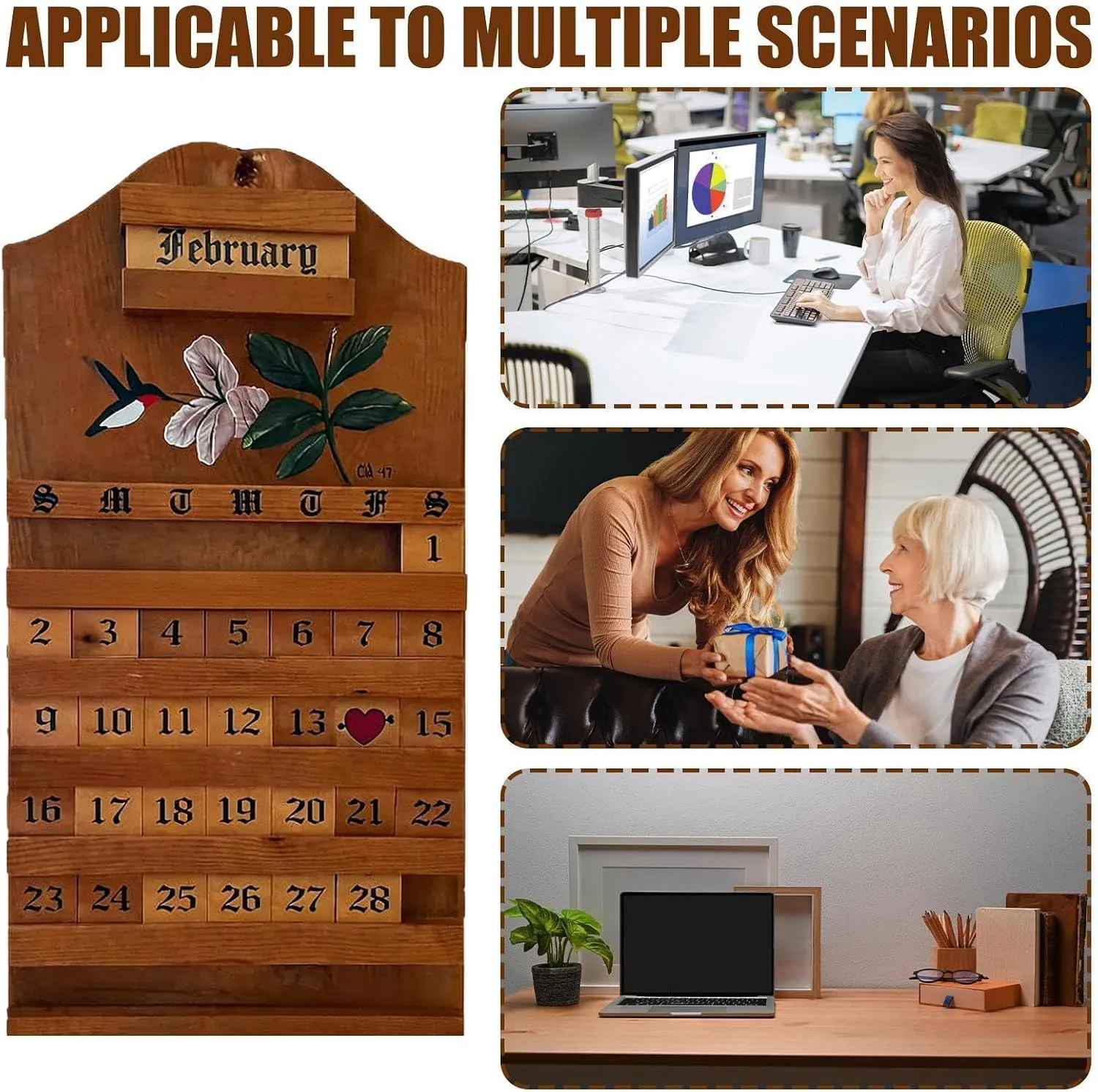 Wooden perpetual calendar shown in several home and office settings