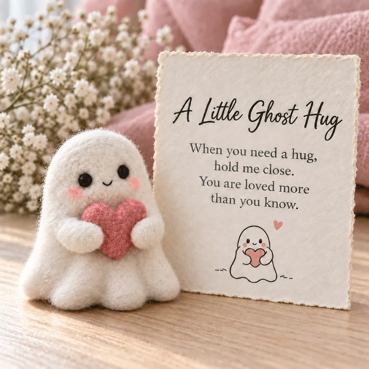 White felt ghost holding a pink heart beside its printed message card