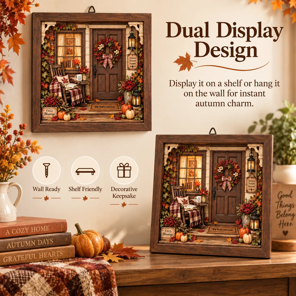 Autumn reading porch shadow box displayed on entryway table and shelf